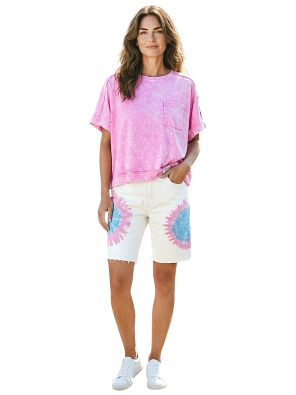 easel White Tie-Dye Denim Shorts with Pink & Blue Accents - Picture 6 of 9